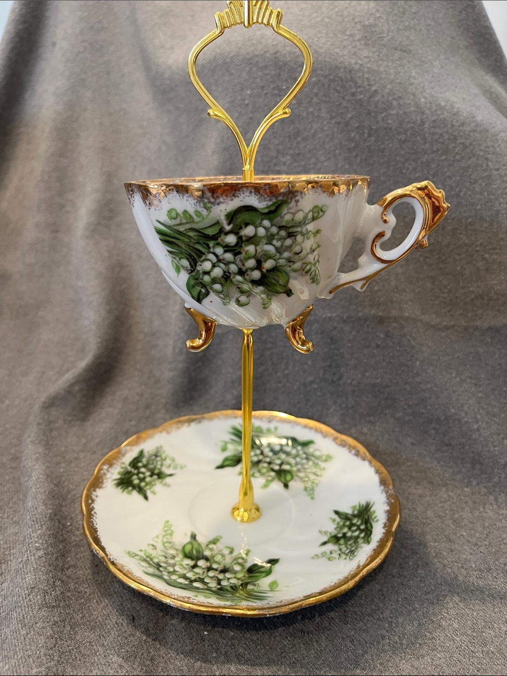 Handcrafted Vtg Japan Lily of the Valley  2-tiered Tea Cup/Saucer Trinket Holder
